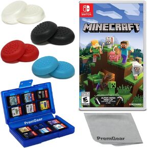 Minecraft for Nintendo Switch (US Version), with PremGear Thumb Grips (8 pack - Black, Blue, Red & Clear), 24 Slot Game Card Holder & Cleaning Cloth