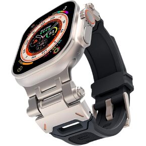 Designed for Apple Watch Band Apple Watch Ultra 2/Ultra 49mm for Men, Silicone Bands with Stainless Steel Metal Connector, for iWatch Series 10 46mm, Series 9/8/7 45mm, SE2/SE/6/5/4 44mm, 3/2/1 42mm