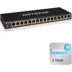 NETGEAR GS316PP 16-Port 𝐏𝐨𝐄+ Unmanaged Switch | Desktop and Wall-Mountable | 183W Power Budget | Cloud Care's 3-Year Warranty SupportPlus Included