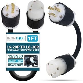 IronBox Electric L6-20P to L6-30R Plug Adapter Power Cord - 20A/250V, 12/3 SJO - UL Listed Power Extension Cable - Heavy Duty Plug and Connector for Generator, Camper, Data Centers & More (1ft, Build)
