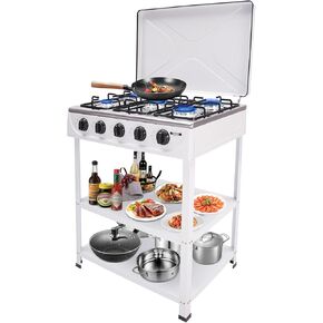 4 موقد غاز موقد محمول موقد في الهواء الطلق مع حامل تخزين قابل للإزالة ، طباخ غاز بروبان من الفولاذ المقاوم للصدأ الشاق مع تغطية لتخييم النزهة منزل RV (بدون خرطوم) in Kuwait