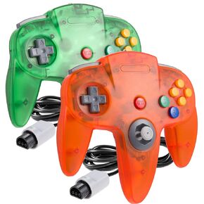 suily 2 Pack Classic N64 Controller, Game pad Joystick for 64 - Plug & Play (Non PC USB Version) (Transparent Green/Transparent Orange)