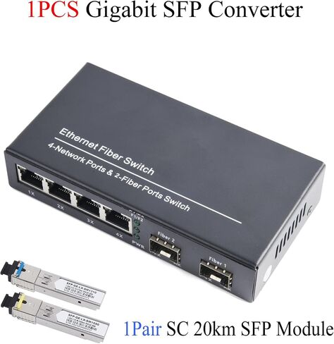 Gigabit SFP Media Converter - 2 SFP to 4 RJ45 Transceiver, 10/100/1000M Fiber Optic Switch with 3KM/20KM LC/SC SFP Module (1 PCS) in Kuwait