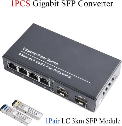 Gigabit SFP Media Converter - 2 SFP to 4 RJ45 Transceiver, 10/100/1000M Fiber Optic Switch with 3KM/20KM LC/SC SFP Module (1 PCS) in Kuwait