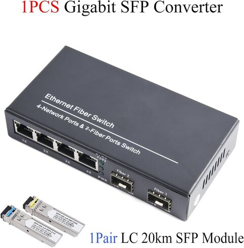 Gigabit SFP Media Converter - 2 SFP to 4 RJ45 Transceiver, 10/100/1000M Fiber Optic Switch with 3KM/20KM LC/SC SFP Module (1 PCS) in Kuwait