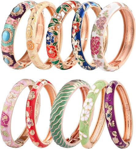 UJOY حزمة عشوائية الألوان المينا طقم مجوهرات زهرة ذهبية منقوشة 10 قطعة أساور مصوغة ​​بطريقة في صندوق in Kuwait