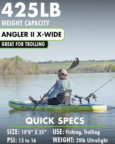 لوح مجداف قابل للنفخ لصيد السمك من SUP Angler X-Wide، اختر حزمة الملحقات، حاملات قضبان الصيد القابلة للتعديل، منافذ الملحقات، مقعد الكاياك، مجداف مزدوج، حبال مطاطية رباعية، 10'8 بوصة × 35 بوصة in Kuwait