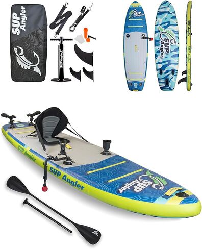 لوح مجداف قابل للنفخ لصيد السمك من SUP Angler X-Wide، اختر حزمة الملحقات، حاملات قضبان الصيد القابلة للتعديل، منافذ الملحقات، مقعد الكاياك، مجداف مزدوج، حبال مطاطية رباعية، 10'8 بوصة × 35 بوصة in Kuwait