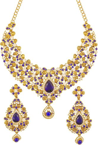 Touchstone Indian Bollywood Traditional Floral Theme White Rhinestone and Blue Faux Sapphire Bridal Designer Jewelry Necklace Set for Women in Antique Gold Tone in Saudi Arabia