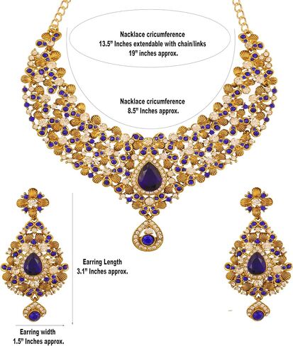 Touchstone Indian Bollywood Traditional Floral Theme White Rhinestone and Blue Faux Sapphire Bridal Designer Jewelry Necklace Set for Women in Antique Gold Tone in Saudi Arabia