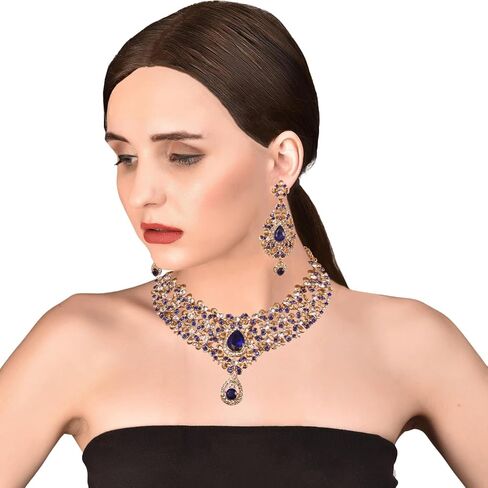 Touchstone Indian Bollywood Traditional Floral Theme White Rhinestone and Blue Faux Sapphire Bridal Designer Jewelry Necklace Set for Women in Antique Gold Tone in Saudi Arabia