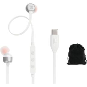 JBL Tune 310C Wired Hi-Res USB-C in-Ear Headphones with Microphone, Tangle-Free Flat Cable, 3-Button Remote, Pure Bass Sound, Compatible with iPhone, iPad, Android – White, Includes Travel Pouch