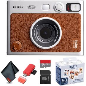 FUJIFILM INSTAX MINI EVO Hybrid Instant Camera (Brown) Bundle with 32GB Memory Card + Camera Case + USB Card Reader, SD/microSD + Microfiber Cleaning Cloth
