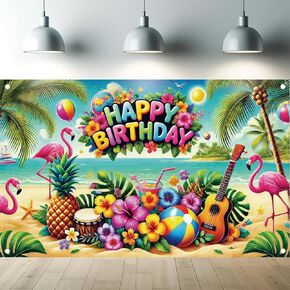 Tropical Birthday Backdrop 71 X 43 Inch Hawaii Beach Party Banner with Flamingos Pineapple Flowers Balloons and Ukulele for Kids Girls Boys Summer Birthday Decorations