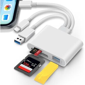 SD Card Reader for iPhone iPad Laptop 3-in-1 Connectors Memory Card Adapter with Dual Slots & USB Port Trail Game Camera Viewer for iPhone Mac MacBook Android Laptop White