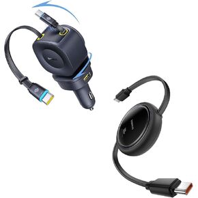 Baseus 163W Retractable Car Charger USB C Fast Charging, 4 in 1 Fast Car Charger and Baseus USBC to USBC Cable, 100W Retractable Cable, 4-Stage Length Preset USB Type C Cord