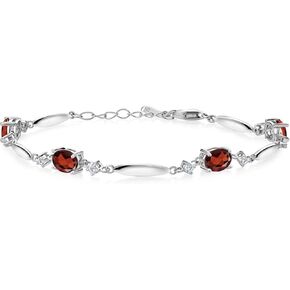 Gem Stone King 925 Sterling Silver Red Garnet and White Lab Grown Diamond Tennis Bracelet For Women (3.78 Cttw, Gemstone Birthstone, Oval 7X5MM, 6 Inch + 1 Inch Extender)