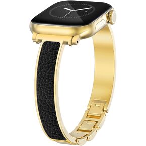 WINGLE Slim Leather Bands for Apple Watch Band Women 38mm 40mm 41mm 42mm 44mm 45mm 46mm Jewelry Dressy Bracelet Thin Metal Strap Designer Luxury Bangle for iWatch Series 10/9/8/7/6/5/4/3/2/1/SE