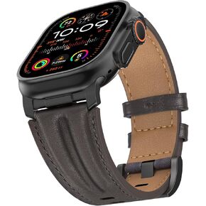 Top Grain Genuine Leather Compatible with Apple Watch Ultra Band 49mm 46mm 45mm 44mm 42mm, Rugged Metal Connector Band Strap for Women Men iWatch Ultra 2/1 Series 10 9 8 7 6 5 4 3 2 1 SE