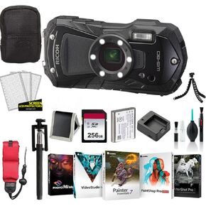 Ricoh WG-80 Waterproof Digital Camera, 2.7" LCD (Black) 03123 - Bundle with 256GB Memory Card, Carrying Case, Tripod, Corel Photo-Video-Art Suite + More (International Model)