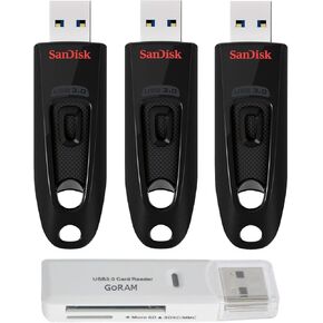 SanDisk 64GB (3 Pack) Ultra 130MB/s USB 3.0 Flash Drive SDCZ48-064G Bundle with (1) GoRAM Card Reader (64GB)