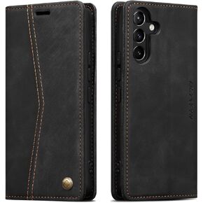 QLTYPRI Case for Samsung Galaxy A36, Vintage PU Leather Wallet Case Card Slot Kickstand Magnetic Closure Shockproof Flip Folio Case Cover for Samsung Galaxy A36 - Black
