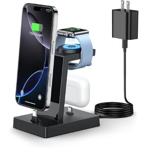 30W FAST 3 في محطة شحن واحدة لأجهزة Apple - Adadpu USB C Charger Stand for iPhone 16 15 Pro Max Plus & Airpods 4 ، Dock الشاحن اللاسلكي متوافق مع Apple Watch Ultra/10/9/8/7/6/5/4/3/2/SE