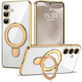 Compatible with Samsung Galaxy S25 Ultra Case with Magnetic Ring Stand [Compatible with Mag-Safe] [Full Camera Lens Protector] Plating Clear Phone Case for S25 Ultra 6.9", Gold