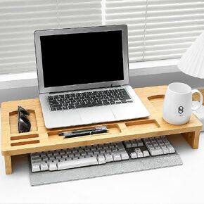 Bamboo Laptop Monitor Stand Riser - 23 Inch Wooden Desktop Storage Organizer Shelf for Computer Laptop Printer TV Cellphone Stand Desktop Monitor