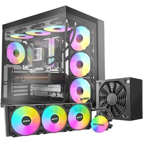 Raidmax I610 Black Chrome Panoramic Gaming Case, ATX Dual-Chamber, Tempered Glass, 700W 80+ Gold PSU Pre-Installed, 4x120mmARGB Fans and 360mm Liquid Cooler,Support RTX 50 Series GPU
