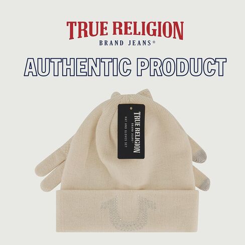 True Religion Beanie Hat and Touchscreen Glove Set, Cuffed Winter Knit Cap with Rhinestone Logo and Touch Screen Mittens, Black, One Size in Saudi Arabia