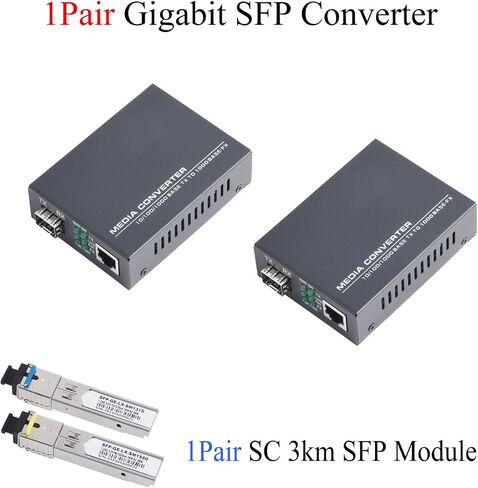 Gigabit SFP Media Converter - 1 SFP to 1 RJ45 Transceiver, 10/100/1000M Fiber Optic Switch with 3KM/20KM LC/SC SFP Module, Auto - Negotiation (1PCS) in Kuwait