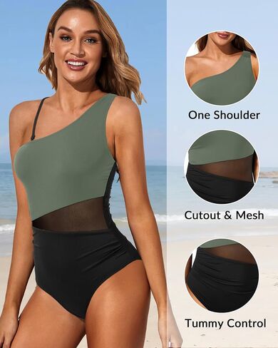 Yonique Women One Piece One Shoulder Swimsuit Tummy Control Bathing Suit Mesh Swimwear in Kuwait