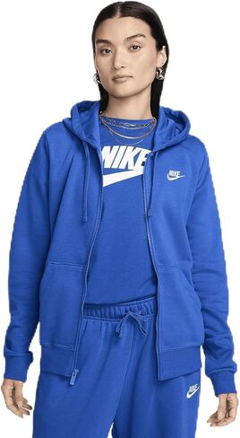 سترة بغطاء للرأس بسحاب كامل للنساء من Nike Sportswear Club Fleece (AS1، ألفا، كبير، عادي، عادي، رمادي داكن هيذر/أبيض) in Saudi Arabia