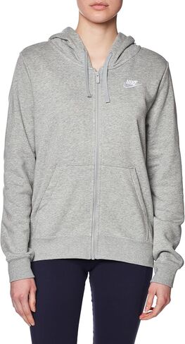 سترة بغطاء للرأس بسحاب كامل للنساء من Nike Sportswear Club Fleece (AS1، ألفا، كبير، عادي، عادي، رمادي داكن هيذر/أبيض) in Saudi Arabia