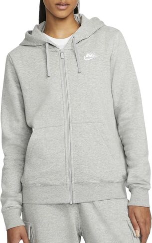 سترة بغطاء للرأس بسحاب كامل للنساء من Nike Sportswear Club Fleece (AS1، ألفا، كبير، عادي، عادي، رمادي داكن هيذر/أبيض) in Saudi Arabia