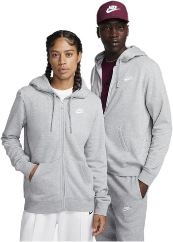 سترة بغطاء للرأس بسحاب كامل للنساء من Nike Sportswear Club Fleece (AS1، ألفا، كبير، عادي، عادي، رمادي داكن هيذر/أبيض) in Saudi Arabia