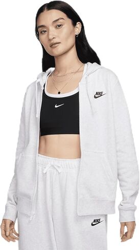 سترة بغطاء للرأس بسحاب كامل للنساء من Nike Sportswear Club Fleece (AS1، ألفا، كبير، عادي، عادي، رمادي داكن هيذر/أبيض) in Saudi Arabia