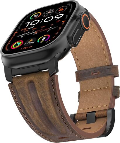 Top Grain Genuine Leather Compatible with Apple Watch Ultra Band 49mm 46mm 45mm 44mm 42mm, Rugged Metal Connector Band Strap for Women Men iWatch Ultra 2/1 Series 10 9 8 7 6 5 4 3 2 1 SE in Saudi Arabia