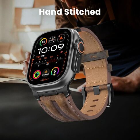 Top Grain Genuine Leather Compatible with Apple Watch Ultra Band 49mm 46mm 45mm 44mm 42mm, Rugged Metal Connector Band Strap for Women Men iWatch Ultra 2/1 Series 10 9 8 7 6 5 4 3 2 1 SE in Saudi Arabia