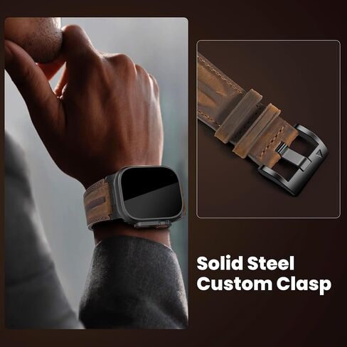 Top Grain Genuine Leather Compatible with Apple Watch Ultra Band 49mm 46mm 45mm 44mm 42mm, Rugged Metal Connector Band Strap for Women Men iWatch Ultra 2/1 Series 10 9 8 7 6 5 4 3 2 1 SE in Saudi Arabia
