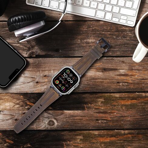 Top Grain Genuine Leather Compatible with Apple Watch Ultra Band 49mm 46mm 45mm 44mm 42mm, Rugged Metal Connector Band Strap for Women Men iWatch Ultra 2/1 Series 10 9 8 7 6 5 4 3 2 1 SE in Saudi Arabia