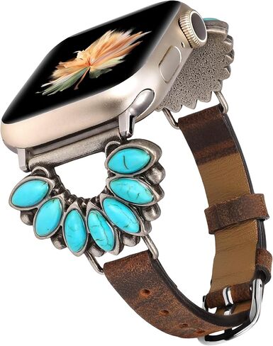 Moolia Boho Turquoise Strap Compatible with Apple Watch Band 42/41/40/38/46/45/44/49mm, Women Western Leather Strap with Vintage Stone Inlay for iWatch Ultra Series SE/10/9/8/7/6/5/4/3/2/1 in Kuwait