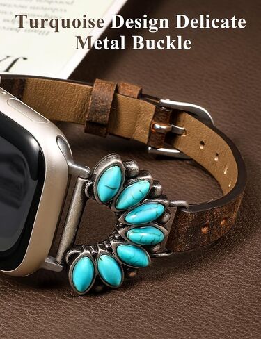 Moolia Boho Turquoise Strap Compatible with Apple Watch Band 42/41/40/38/46/45/44/49mm, Women Western Leather Strap with Vintage Stone Inlay for iWatch Ultra Series SE/10/9/8/7/6/5/4/3/2/1 in Kuwait