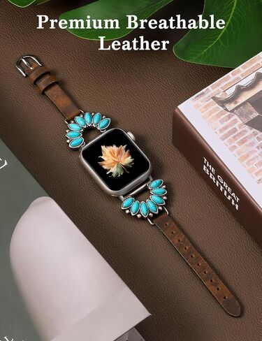 Moolia Boho Turquoise Strap Compatible with Apple Watch Band 42/41/40/38/46/45/44/49mm, Women Western Leather Strap with Vintage Stone Inlay for iWatch Ultra Series SE/10/9/8/7/6/5/4/3/2/1 in Kuwait