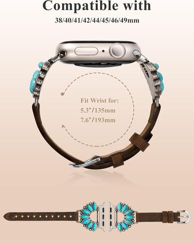 Moolia Boho Turquoise Strap Compatible with Apple Watch Band 42/41/40/38/46/45/44/49mm, Women Western Leather Strap with Vintage Stone Inlay for iWatch Ultra Series SE/10/9/8/7/6/5/4/3/2/1 in Kuwait