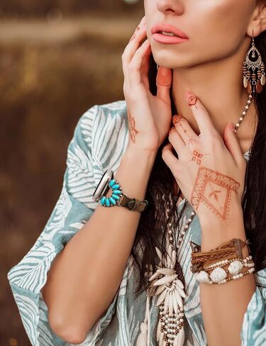 Moolia Boho Turquoise Strap Compatible with Apple Watch Band 42/41/40/38/46/45/44/49mm, Women Western Leather Strap with Vintage Stone Inlay for iWatch Ultra Series SE/10/9/8/7/6/5/4/3/2/1 in Kuwait