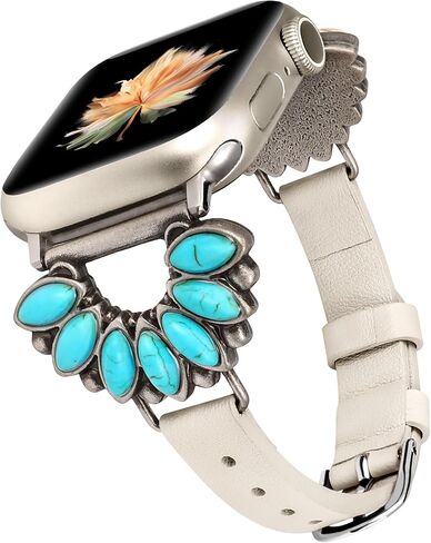 Moolia Boho Turquoise Strap Compatible with Apple Watch Band 42/41/40/38/46/45/44/49mm, Women Western Leather Strap with Vintage Stone Inlay for iWatch Ultra Series SE/10/9/8/7/6/5/4/3/2/1 in Kuwait