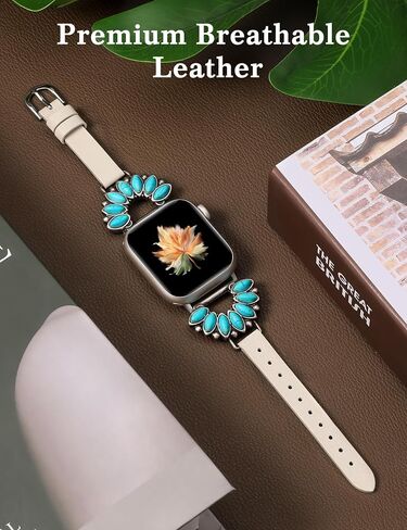 Moolia Boho Turquoise Strap Compatible with Apple Watch Band 42/41/40/38/46/45/44/49mm, Women Western Leather Strap with Vintage Stone Inlay for iWatch Ultra Series SE/10/9/8/7/6/5/4/3/2/1 in Kuwait