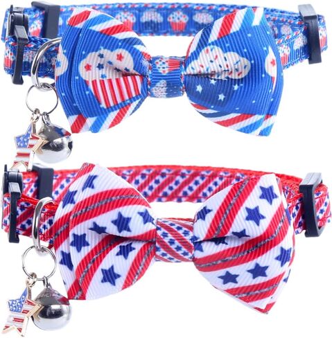 American Flag Cat Collar with Bell Bow Tie Star Breakaway Adjustable for 4th of July Independence Day in Kuwait